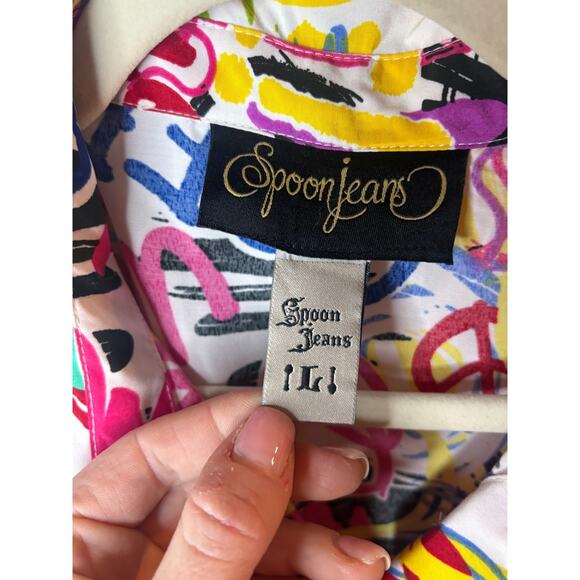 Spoon Jean graffiti print shirt dress tie waist Size LG 8-12 - Picture 3 of 4